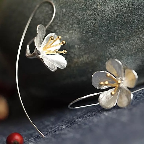 Anthropologie Jewelry - Japanese Cherry Blossom Floral Silver Loop Earring